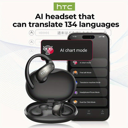 HTC NE19 Open-Ear AI Translation Earbuds with Oval Charging Case in Black, Gunmetal, Beige or Purple