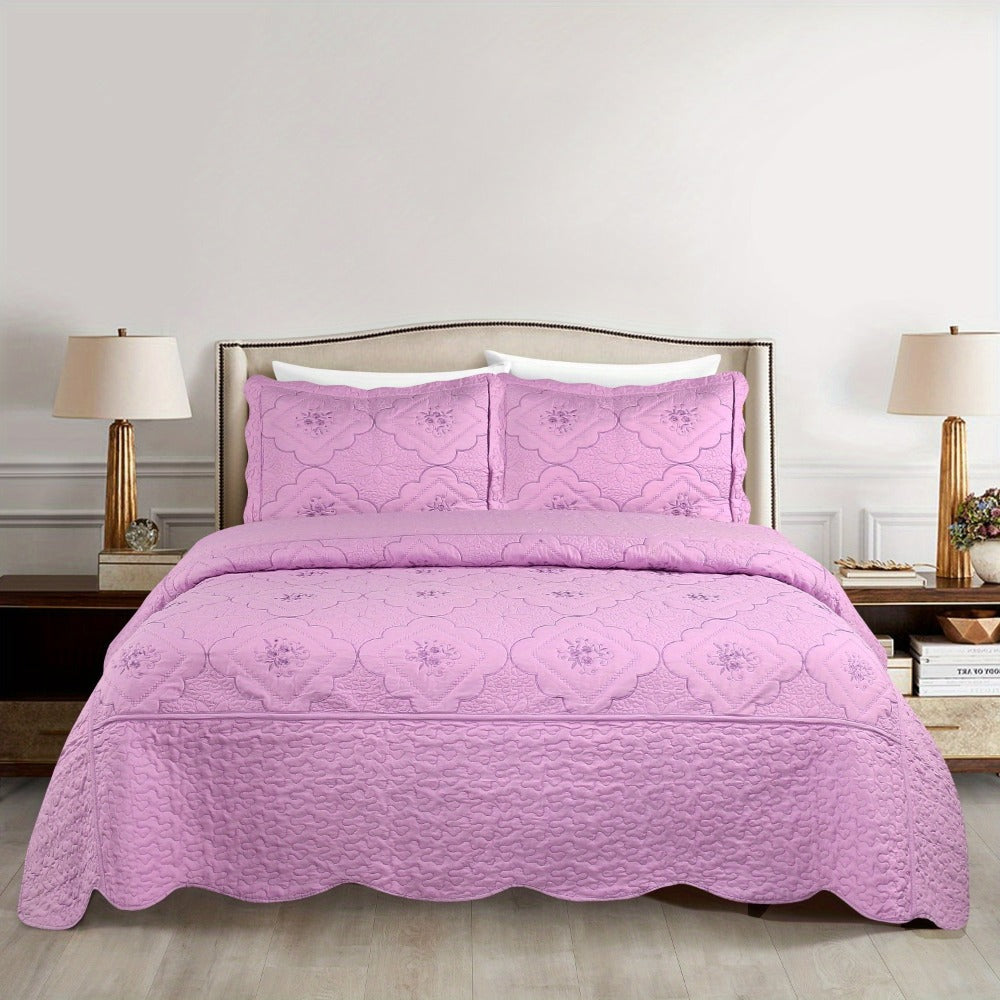 Quilt Set 3 Piece Floral Embroidery Bedspread – 100% Polyester Wrinkle Resistant Lightweight Quilted Coverlet with 2 Pillow Shams for Full