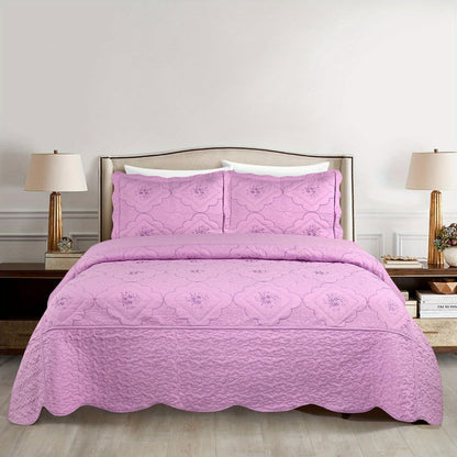 Quilt Set 3 Piece Floral Embroidery Bedspread – 100% Polyester Wrinkle Resistant Lightweight Quilted Coverlet with 2 Pillow Shams for Full