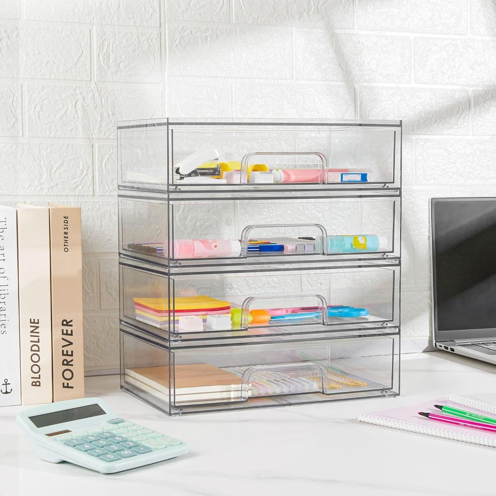 Clear Stackable Desk Drawer Organizer Trays in 2- or 4-Pack Wide Configurations, Approx. 30.7 x 19 x 8.8 cm
