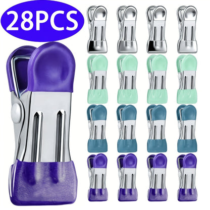 Stainless Steel Clips 28pcs Heavy Duty Rustproof | Multipurpose Airtight Sealing Clips for Food Bags Clothes Hanging | Kitchen Office Home