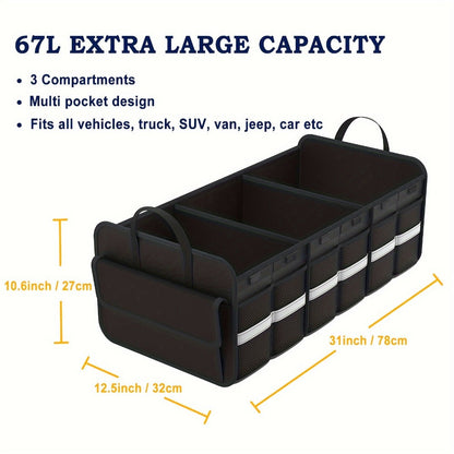 Car Trunk Organizer, 67L Foldable Multi-Compartment Bin with Carry Handles and Pink or Black Color Options