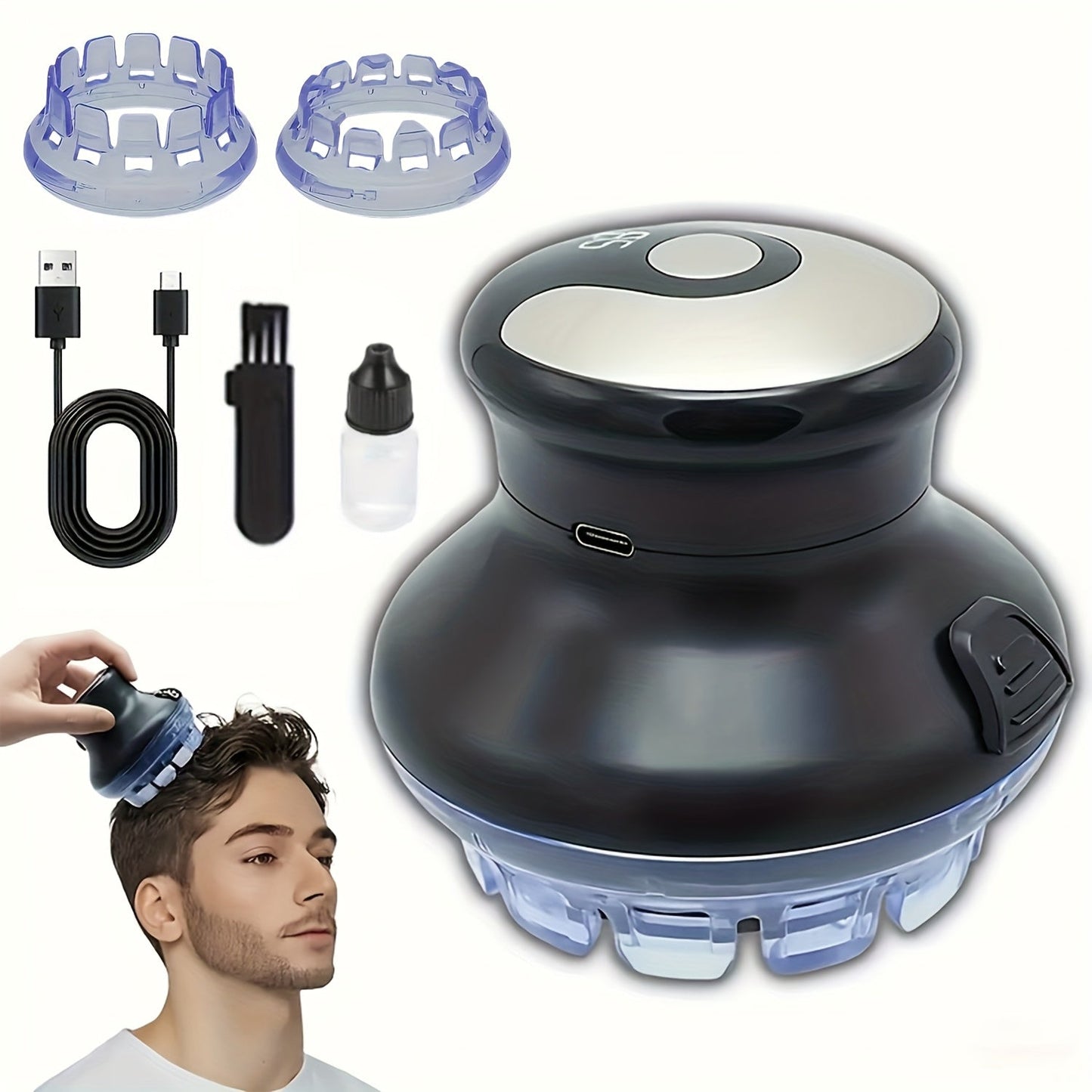 Round Hair Clipper for Self-Haircuts with Four 3-12 mm Length Settings, Two Guide Rings, USB Cable and Cleaning Accessories