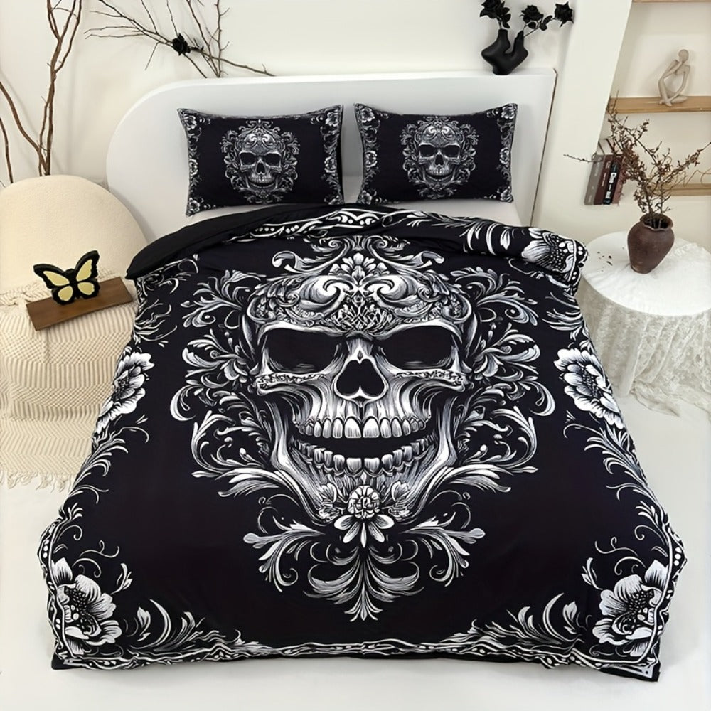 Skull Duvet Cover Set 3pcs – Gothic Victorian Baroque Black & White Skull Bedding with 2 Pillowcases, Digital Print Halloween Bedroom Decor