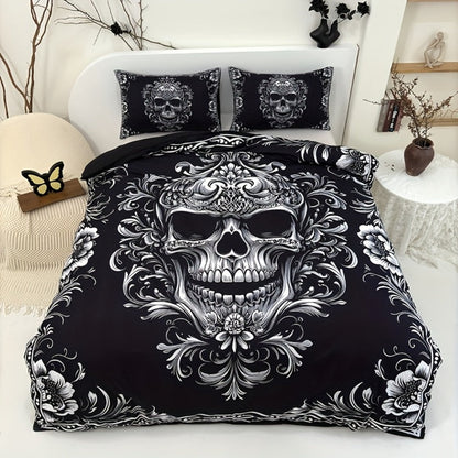 Skull Duvet Cover Set 3pcs – Gothic Victorian Baroque Black & White Skull Bedding with 2 Pillowcases, Digital Print Halloween Bedroom Decor