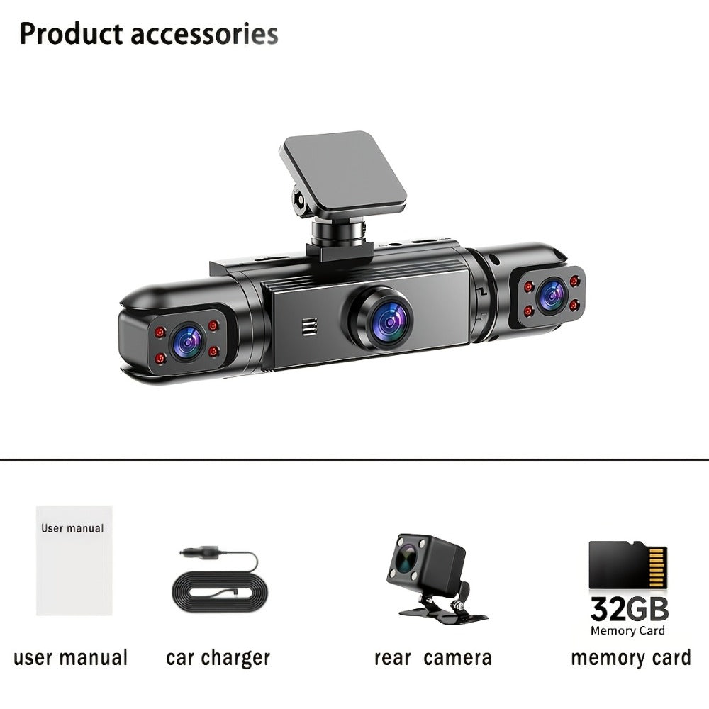 360° Panoramic Dash Cam 3 & 4 Lens 1080P HD Front + 720P Rear Left Right, Quad-Split Screen, HD Night Vision WDR G-Sensor Loop Recording