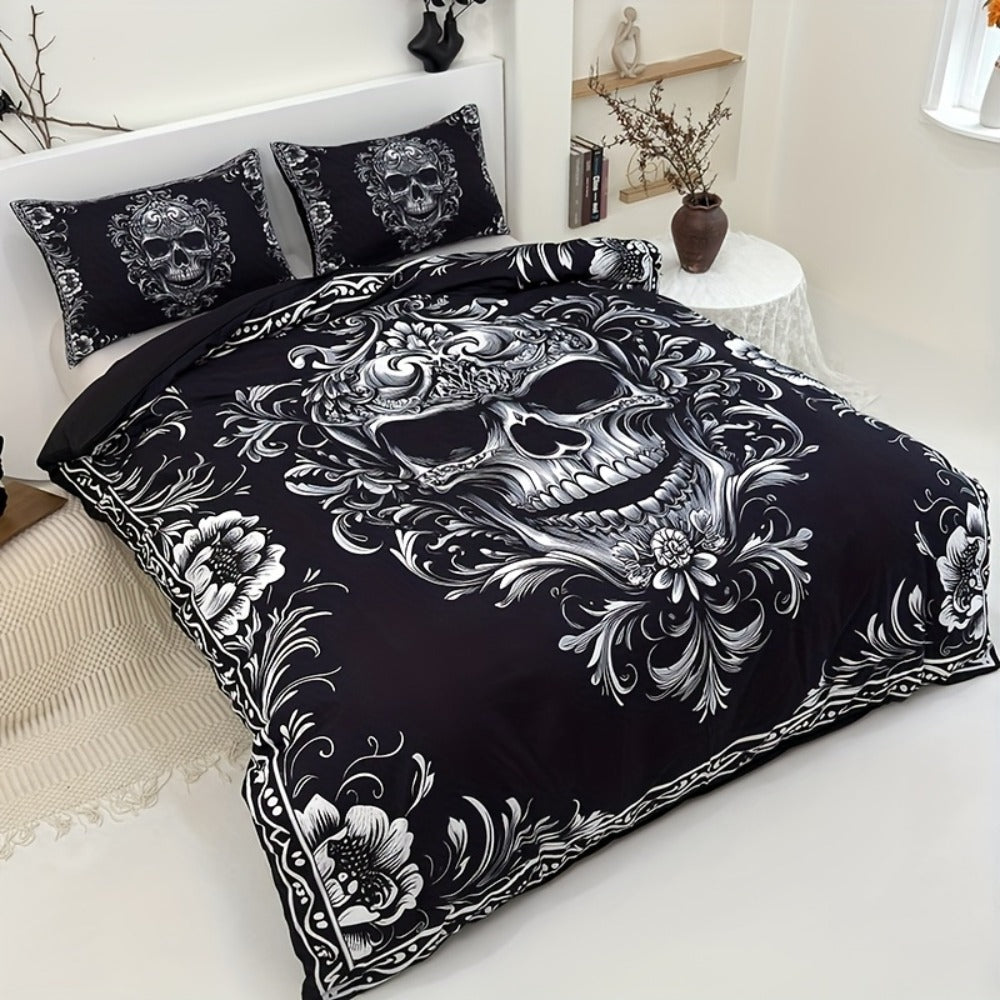 Skull Duvet Cover Set 3pcs – Gothic Victorian Baroque Black & White Skull Bedding with 2 Pillowcases, Digital Print Halloween Bedroom Decor