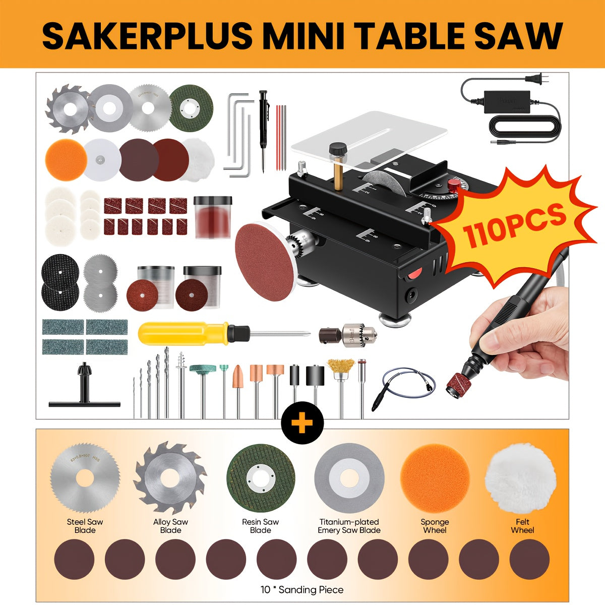 100W Electric Mini Table Saw with Woodworking Pen Set, 7-Speed & Angle Adjustable, 16mm Max Cutting Depth