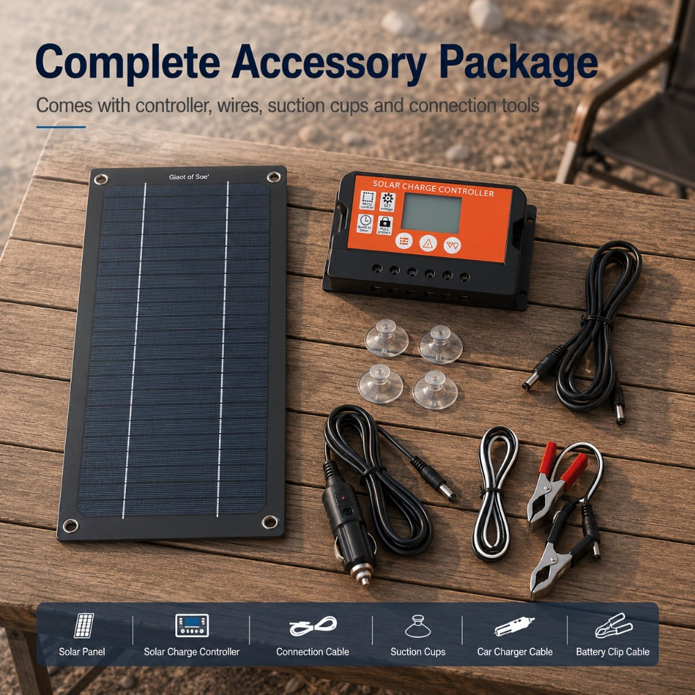 Slim Monocrystalline Solar Charging Panel Kit with Orange Controller, Clip Leads and Suction Cups