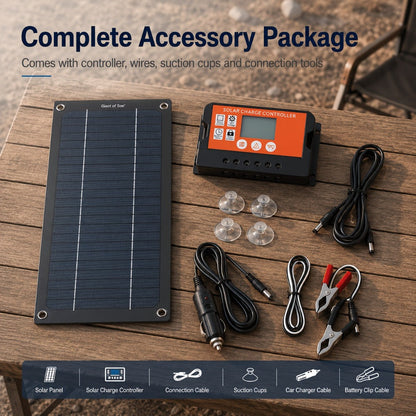 Slim Monocrystalline Solar Charging Panel Kit with Orange Controller, Clip Leads and Suction Cups