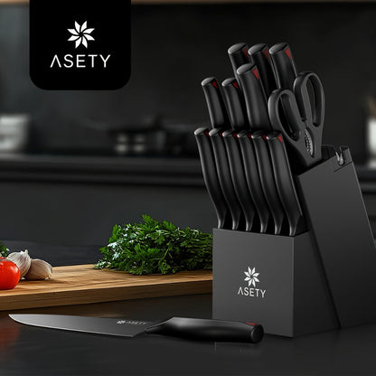 Kitchen Knife Set by ASETY, 15-Piece Stainless Steel Block Set with PP Handles in Two Finish Options