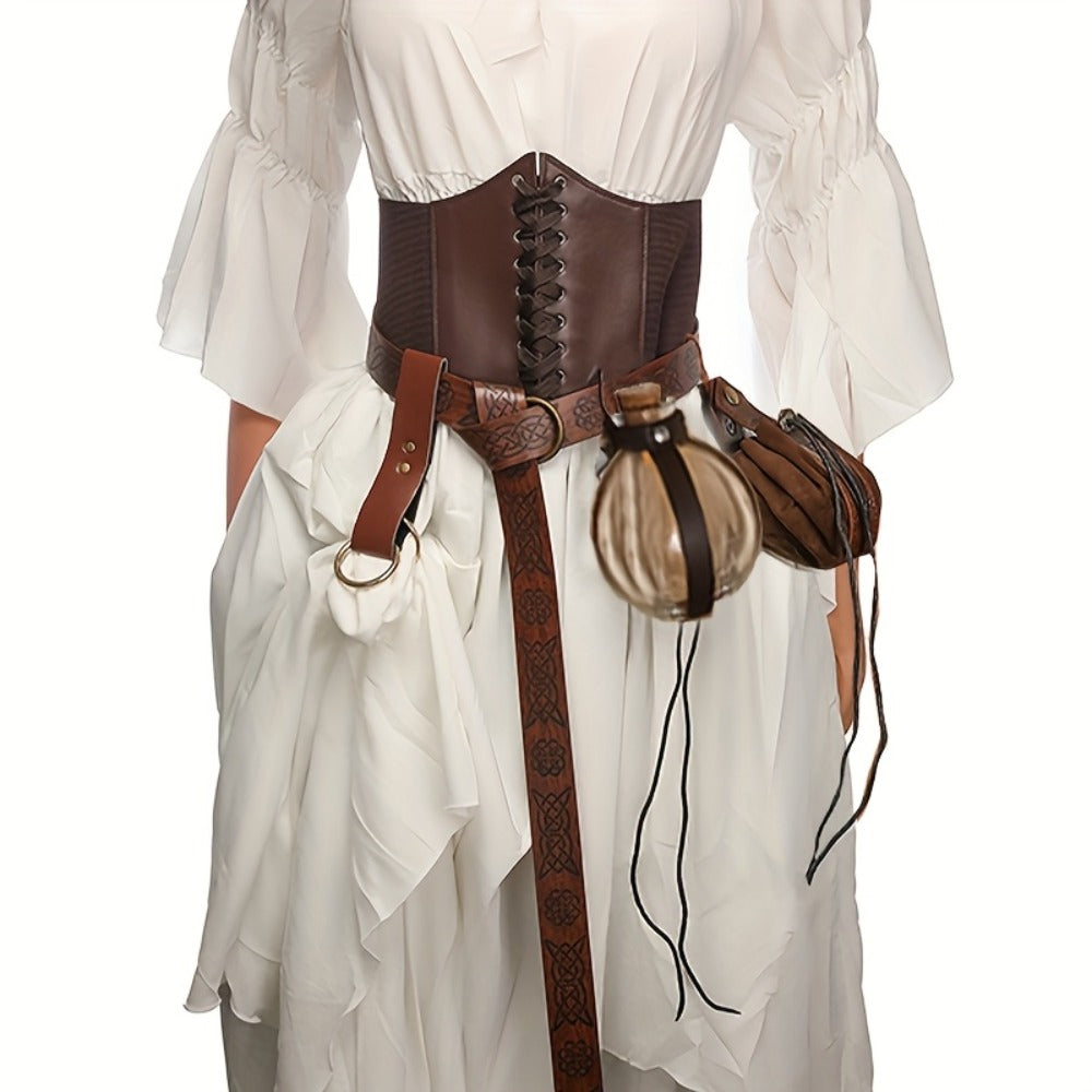 Renaissance Corset Set 5-Piece Ladies – Medieval Belt Pouch Potion Bottle Waist Protector, Women Halloween LARP Cosplay Renaissance Fair