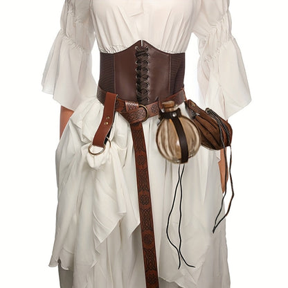 Renaissance Corset Set 5-Piece Ladies – Medieval Belt Pouch Potion Bottle Waist Protector, Women Halloween LARP Cosplay Renaissance Fair