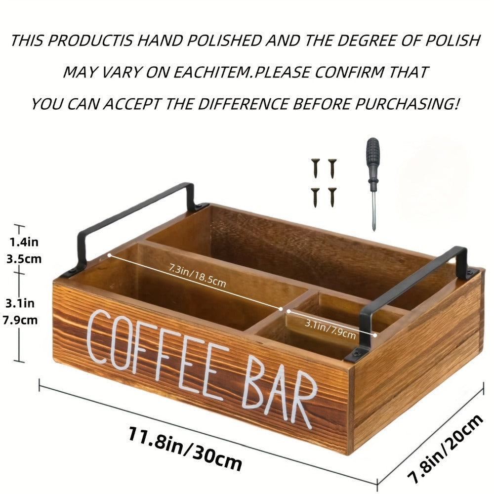 Wooden Coffee Bar Organizer with Farmhouse Sign and Rectangular Tray for Pods, Sugar, Creamer and Countertop Accessories