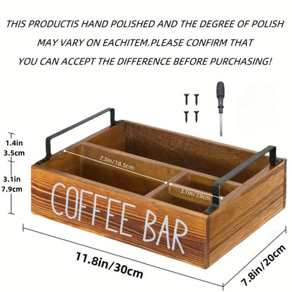 Wooden Coffee Bar Organizer with Farmhouse Sign and Rectangular Tray for Pods, Sugar, Creamer and Countertop Accessories