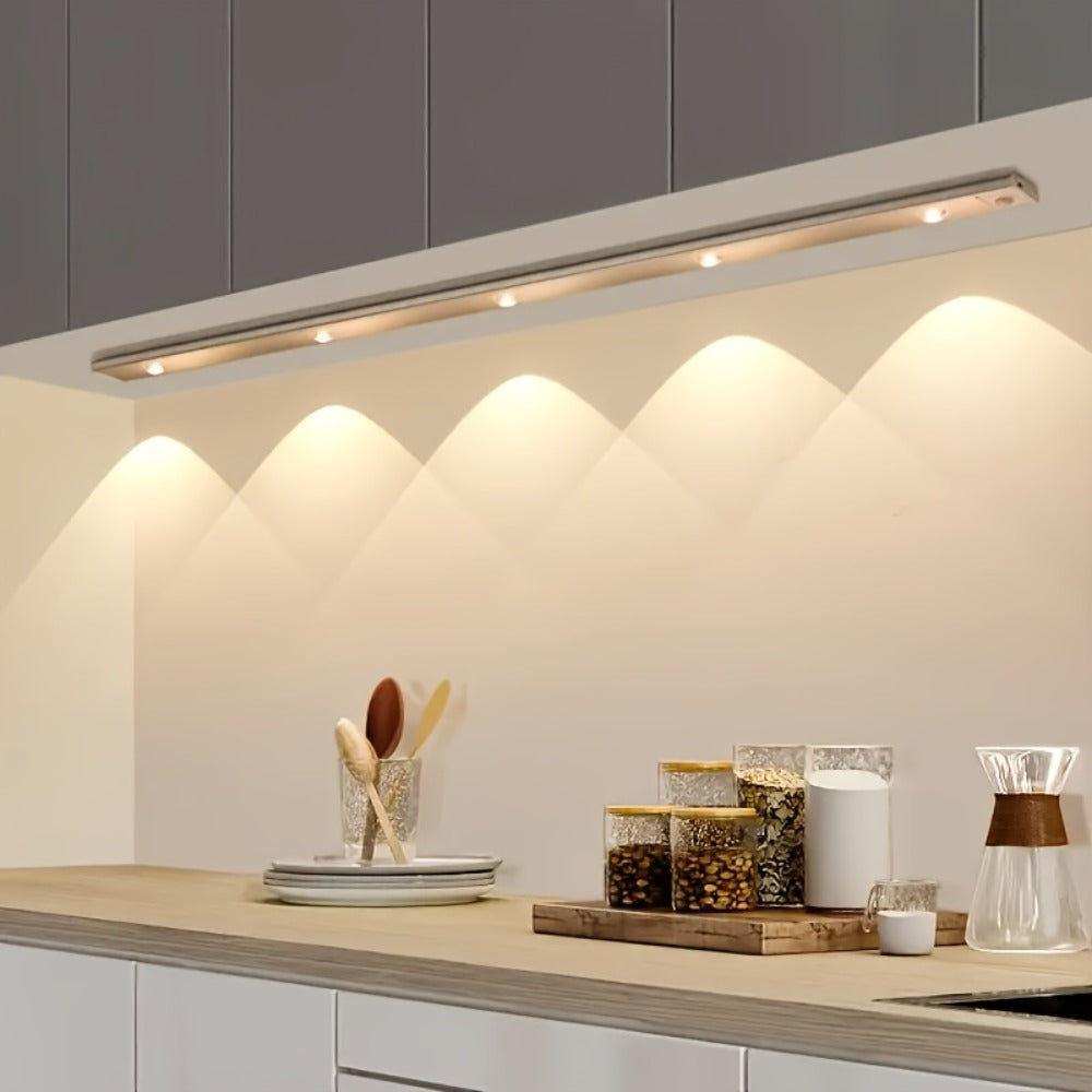 LED Sensor Strip Light USB Rechargeable – 3-Color Dimmable Motion Sensing Wireless Night Light for Kitchen, Wardrobe, Cabinet