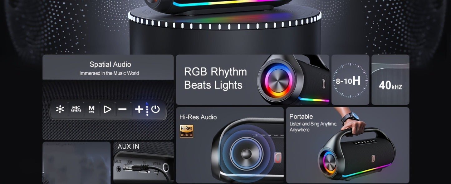 JYX D20 Portable Bluetooth Boombox Speaker with 3D Surround Sound, RGB Disco Lights, Deep Bass Boost