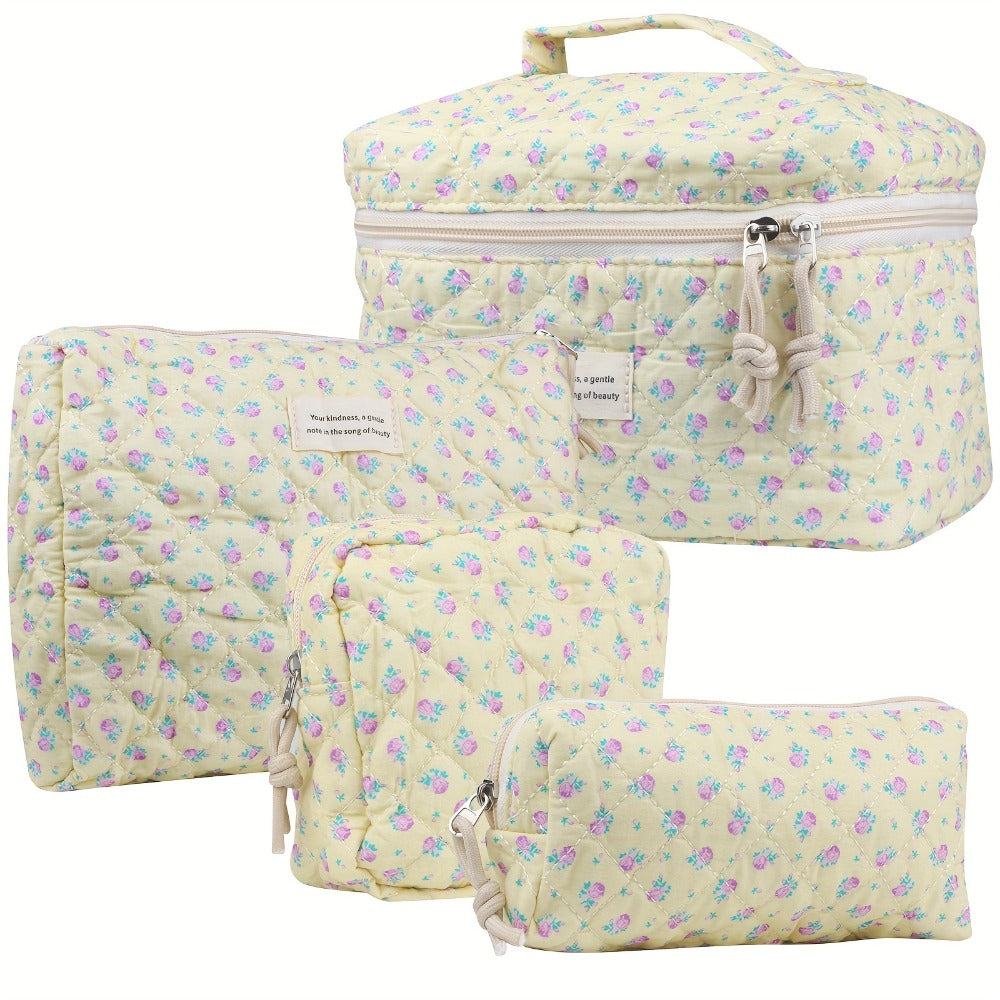 Makeup Bag Four-Piece Quilted Cotton Floral Pouch Set in Five Styles for Travel, Vanity and Everyday Beauty Storage