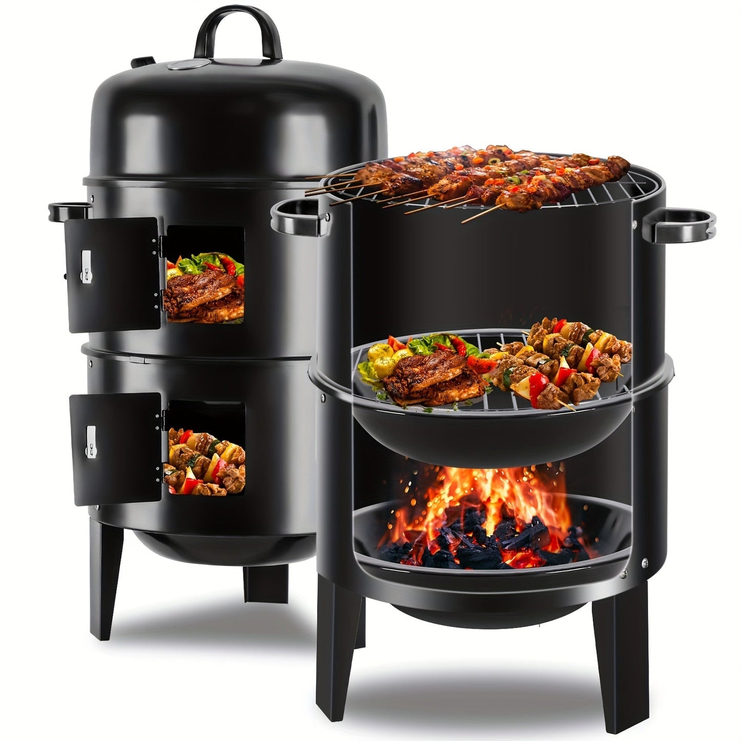 Charcoal Smoker Grill 16 Inch Vertical 3-Tier with Easy Temperature Control for Grilling, Camping and Outdoor Meals