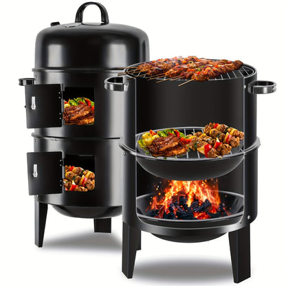 Charcoal Smoker Grill 16 Inch Vertical 3-Tier with Easy Temperature Control for Grilling, Camping and Outdoor Meals