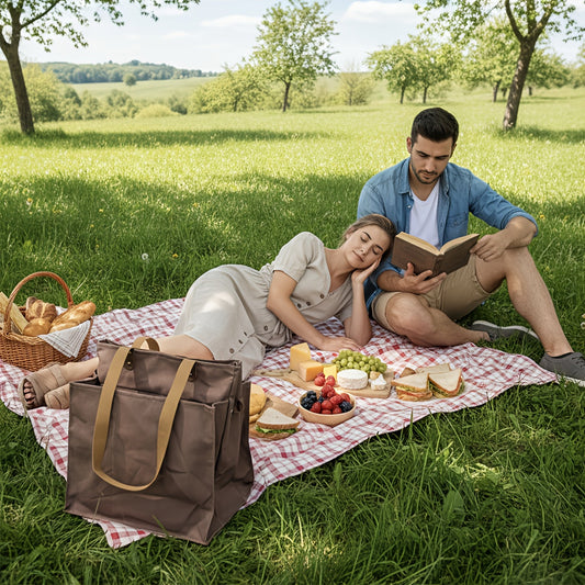 Large Divided Picnic Tote Bag with Separate Sections for Eggs, Bottles and Delicate Groceries, Available in Four Colors