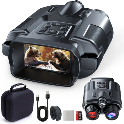 Black 4K-Labeled Night Vision Binoculars with 3-Inch Screen, 8X Digital and 5X Optical Zoom, 64GB Card and Carry Case