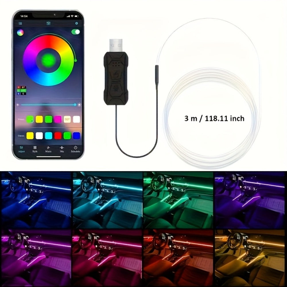 Car Interior Ambient Light Strip with 3 m / 118-Inch Label, Seven Pictured Colors, App Control and USB Plug