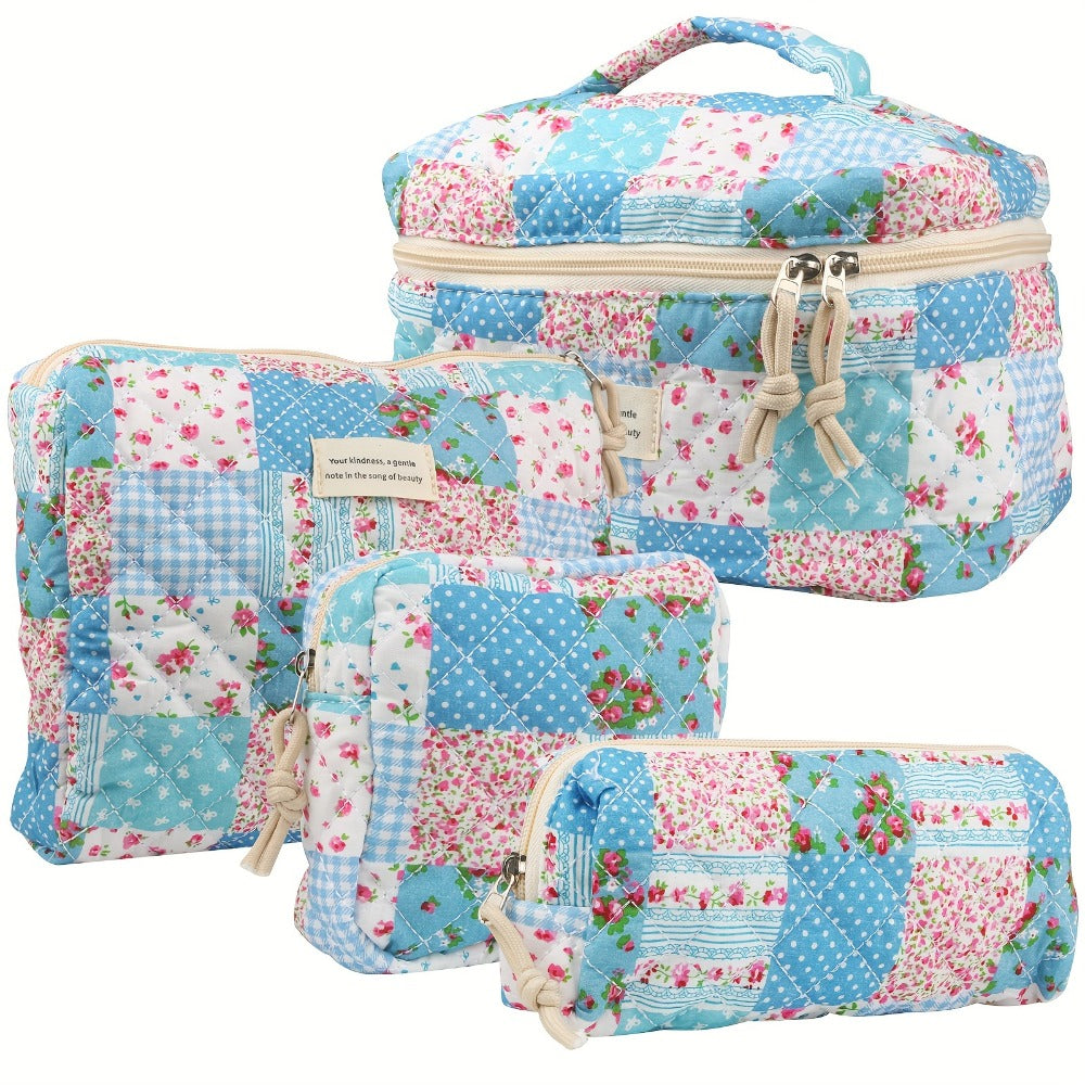 Makeup Bag Four-Piece Quilted Cotton Floral Pouch Set in Five Styles for Travel, Vanity and Everyday Beauty Storage