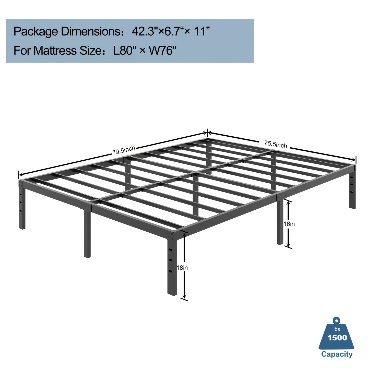 Bed Frame shown in the KING, 18inch option