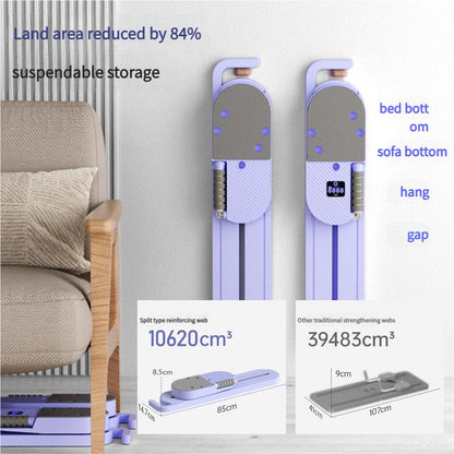 Purple or Blue Compact Pilates Board Trainer with Sliding Base, Display Panel and Resistance Handles