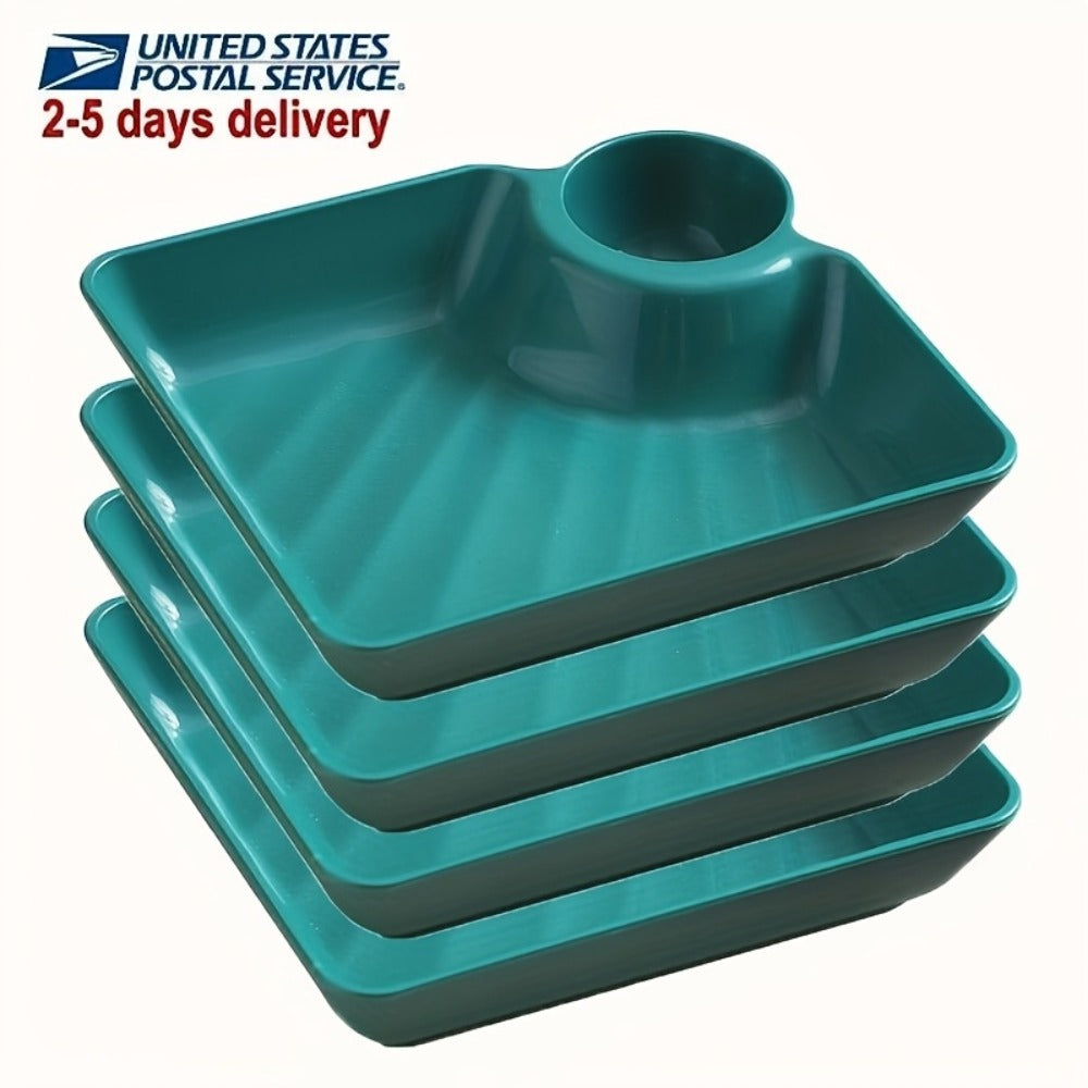 Colorful Serving Plates Set 4 Piece – BPA-Free PP Rectangular Snack, Sushi & Appetizer Plates with Dipping Sauce Compartments