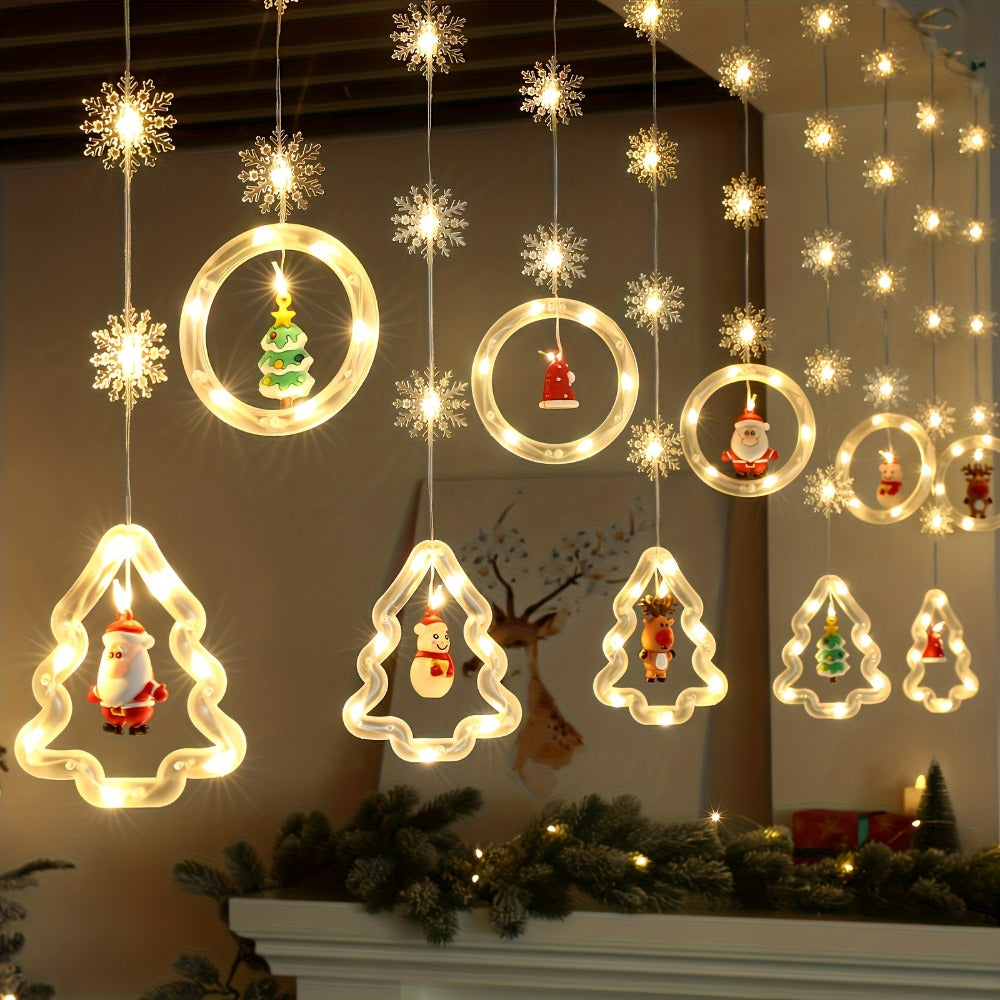 String Lights, 118-Inch USB Holiday Curtain with Ten Snowflake or Star-and-Tree Drops for Indoor Display