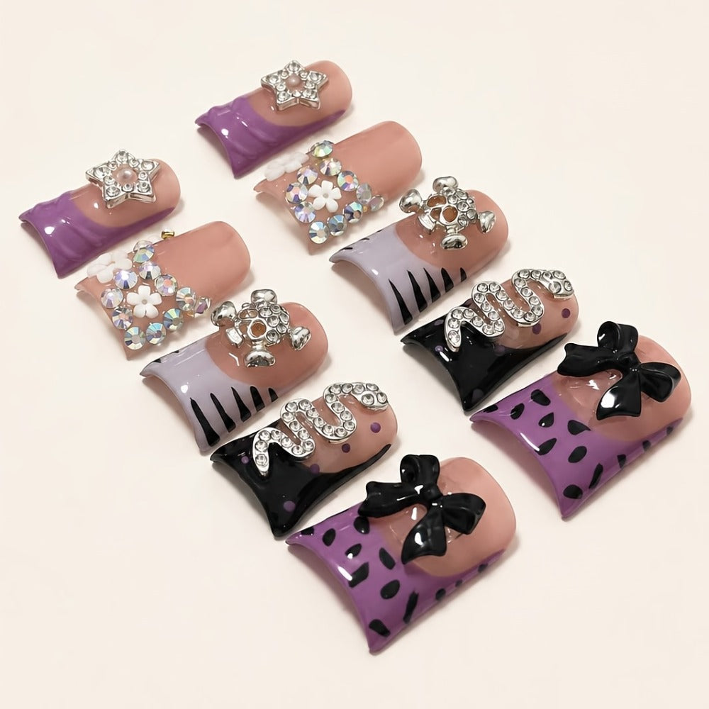 Press On Nails 10-Piece Handmade Short Duckbill Leopard Skull Rhinestone Acrylic Set with Tools