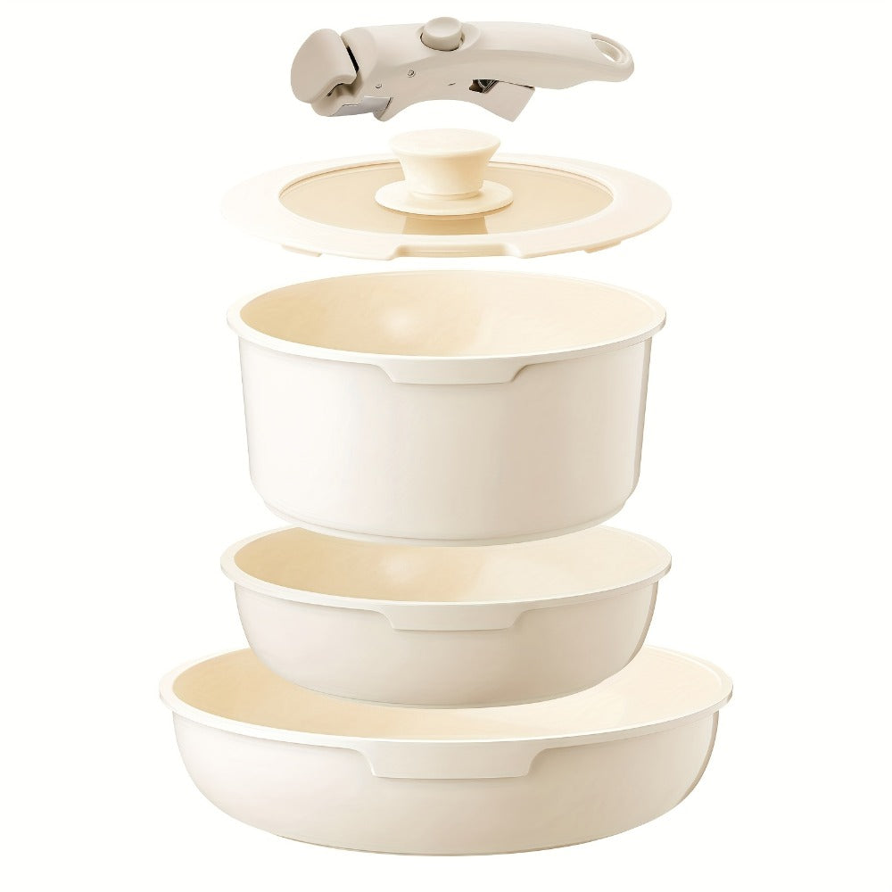 Cookware Set IKTU 5-Piece Detachable-Handle Aluminum Pots and Pans in White, Pink, Beige or Coral Pink