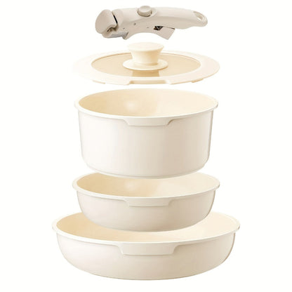 Cookware Set IKTU 5-Piece Detachable-Handle Aluminum Pots and Pans in White, Pink, Beige or Coral Pink