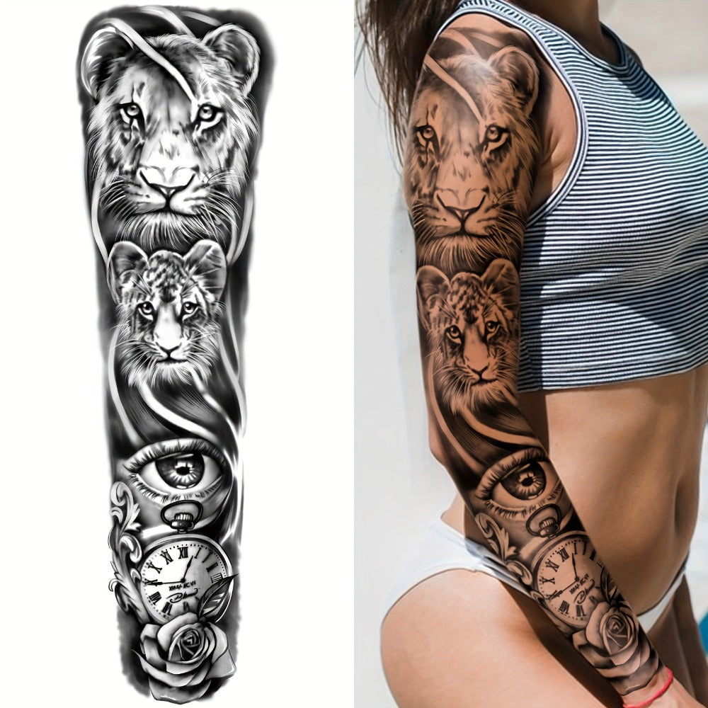 Full Arm Temporary Tattoo Stickers 8 Large Sheets Waterproof Black Realistic Koi Dragon Lion Floral