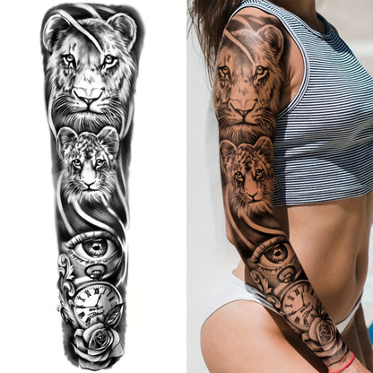 Full Arm Temporary Tattoo Stickers 8 Large Sheets Waterproof Black Realistic Koi Dragon Lion Floral