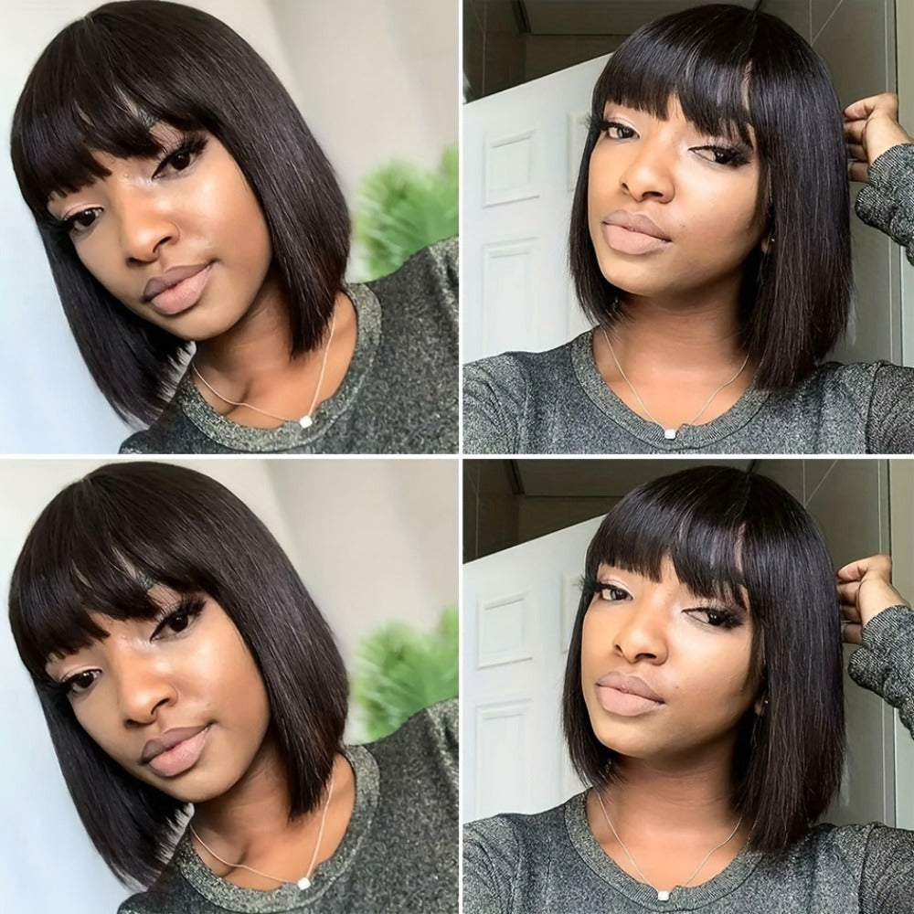 Straight Bob Human Hair Wig with Full Machine-Made Cap, Black Finish and Bangs, 8–16 Inch Options