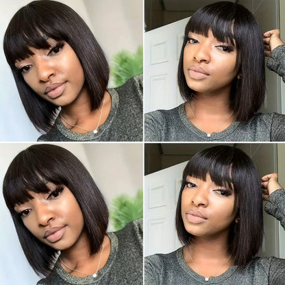 Straight Bob Human Hair Wig with Full Machine-Made Cap, Black Finish and Bangs, 8–16 Inch Options