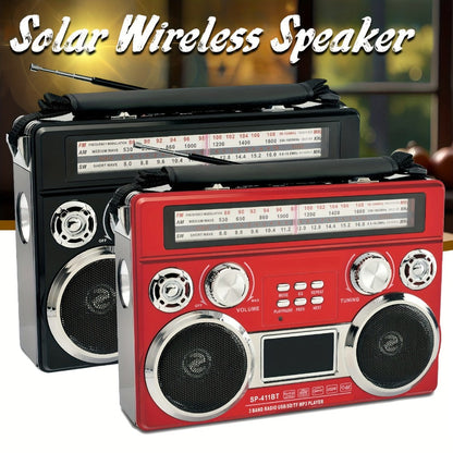 Solar Powered Bluetooth Radio Retro Portable AM FM SW with LED Flashlight, TF SD USB AUX MP3 Playback