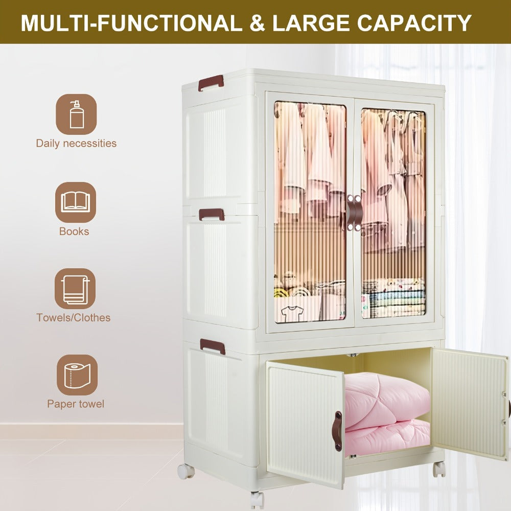 Portable Closet Wardrobe with Wheels & Hanging Rod, Foldable Clothes Cabinet with Doors, 10 Hangers