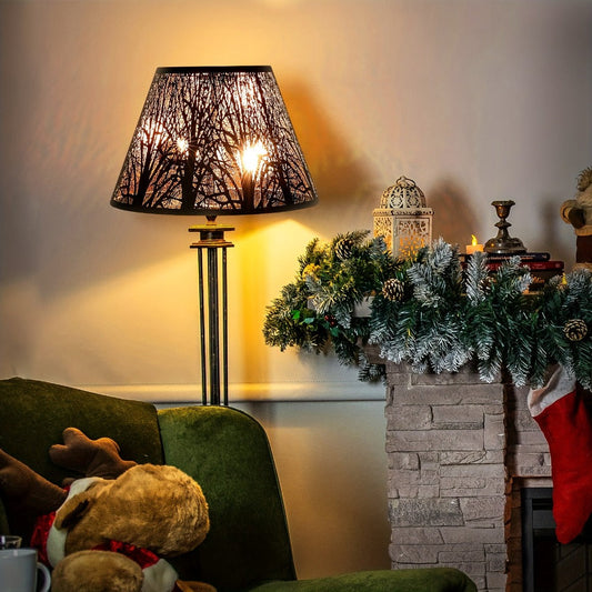 Metal Lampshade Etched Forest & Leaf Design | Black Exterior Gold Interior | Barrel Lamp Shade for Table Lamp & Floor Lamp |
