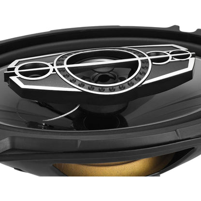 Pair of 6 x 9 Inch Five-Way Coaxial Car Speakers Labeled 1000W Peak, 120W RMS and 4 Ohms with Grilles