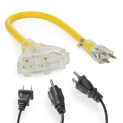 Extension Cord Splitter Tri-Tap 2-Pack, 15A SJTW Contractor Grade, LED Lighted Plug, 2ft Yellow Jacket for Outdoor & Job Site Use