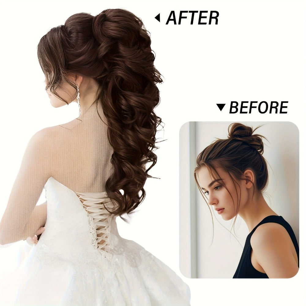 Scroll Curl Claw Clip Ponytail Extension Gradient Color 16 Inch | Synthetic Heat Resistant Hairpiece 5 Colors Linen Brown Golden Grey