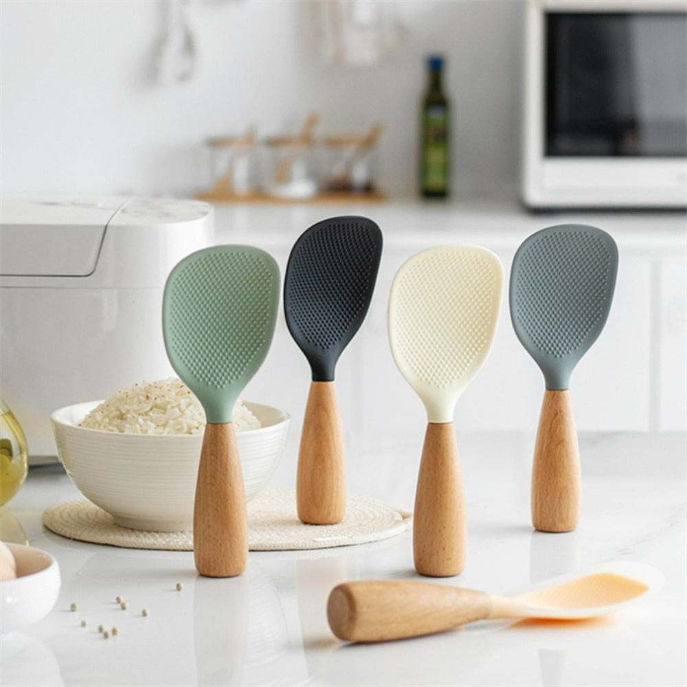 Silicone Rice Spatula Serving Spoon 2 Pack Wooden Handle Heat Resistant Durable Standing for Home Cooking, Dining and Outdoor Meals