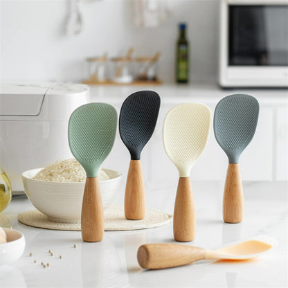 Silicone Rice Spatula Serving Spoon 2 Pack Wooden Handle Heat Resistant Durable Standing for Home Cooking, Dining and Outdoor Meals