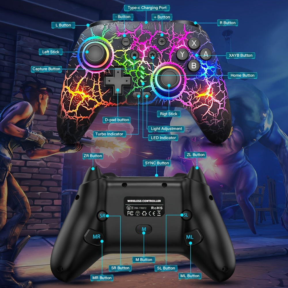 Switch Pro Controller Wireless RGB Rechargeable with 6-Axis Gyro & 10 RGB Lights, Compatible with Nintendo Switch