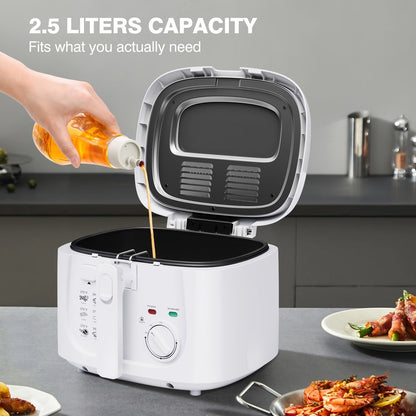 1500W Deep Fryer in Black or White with 84.54-Ounce Source Capacity, Windowed Lid and Rotary Dial