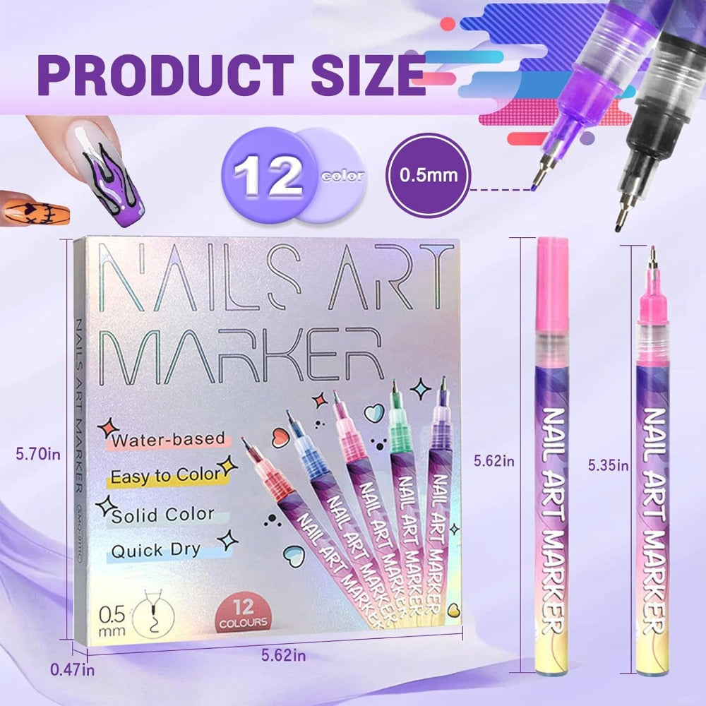 Nail Art Pens 12-Piece Water-Based Marker Set with 0.5mm Fine Tips for Lines and Small Decorative Details